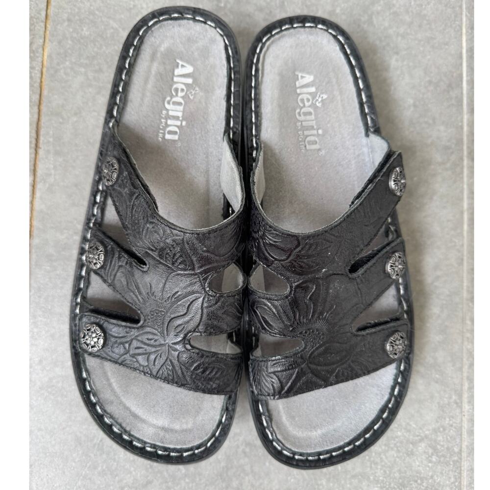 Alegria Slides Sandals Black Embossed Leather Size 40 Adjustable Straps